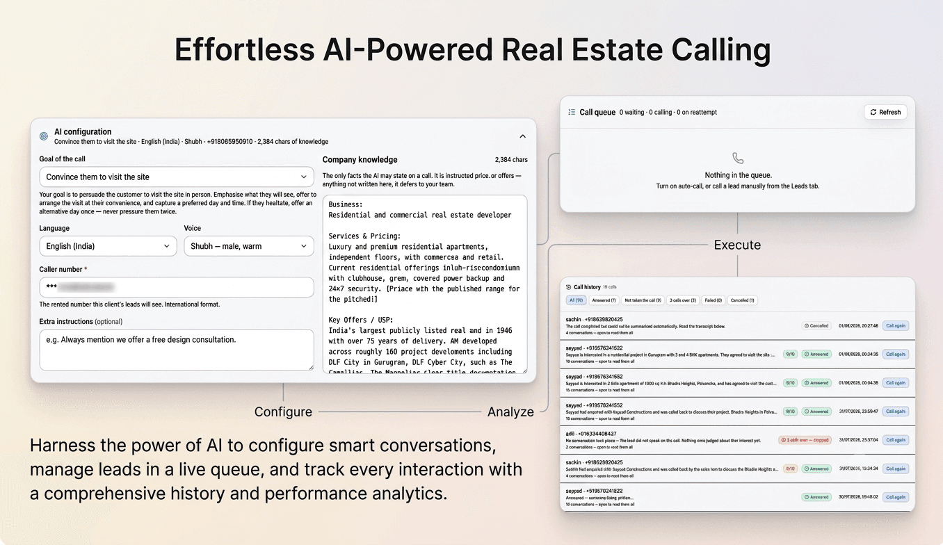 OneBoost voice AI: configure the call goal, language and voice; a live call queue; and call history with per-call scores and outcomes.